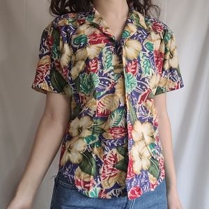 Vintage 100% Cotton Tropical Button Up Short Sleeve Top